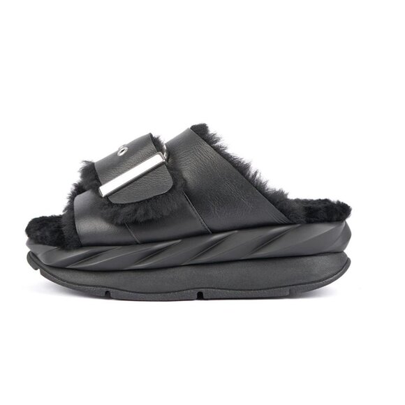 4CCCCEES Mellow Laze Platform Shearling Fur + Leather Slide Sandals Black 35 - Picture 1 of 6